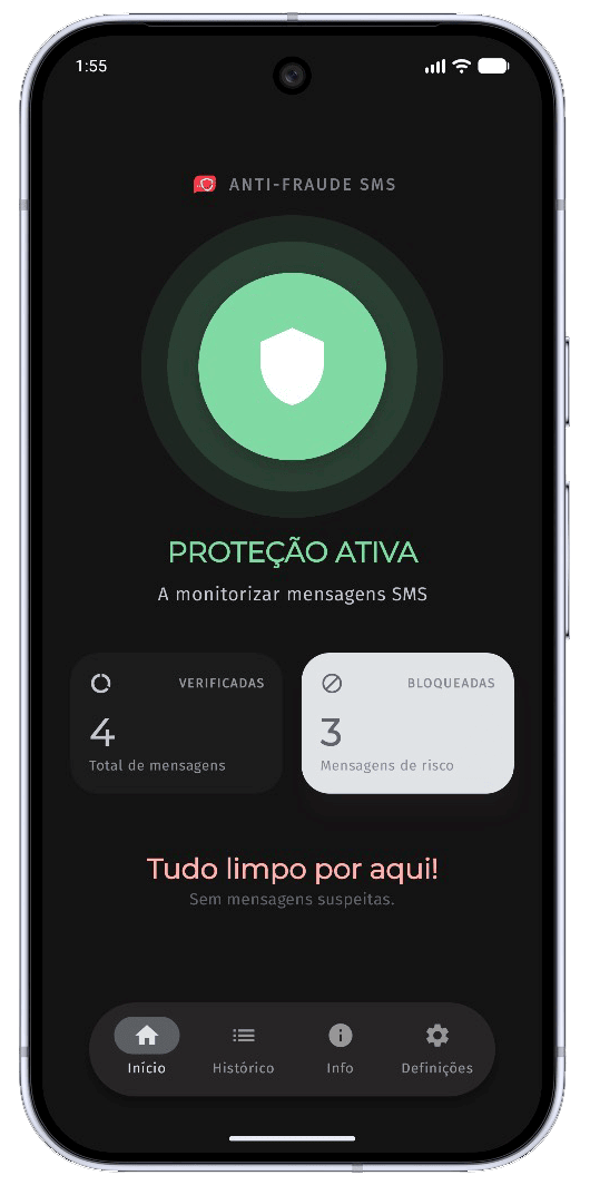 Ecrã de proteção ativa da aplicação Anti-Fraude SMS