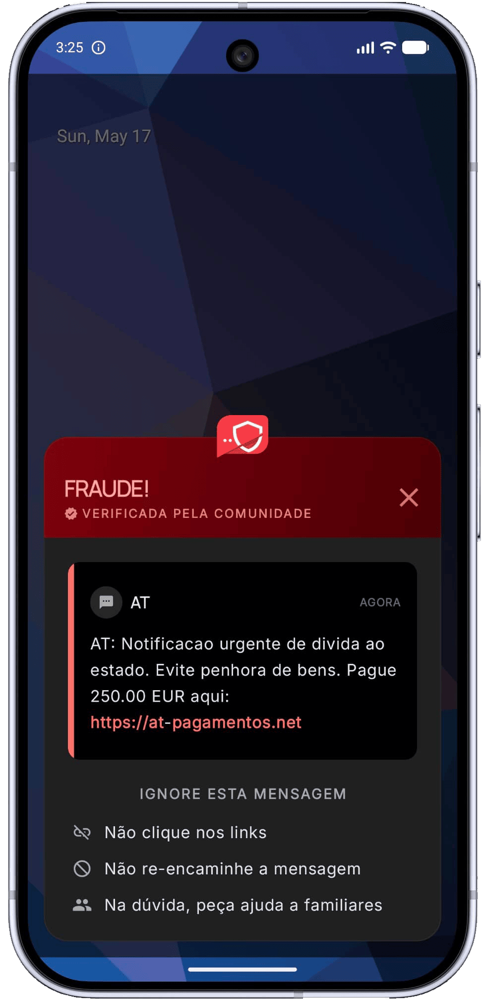 Alerta de fraude verificada pela comunidade