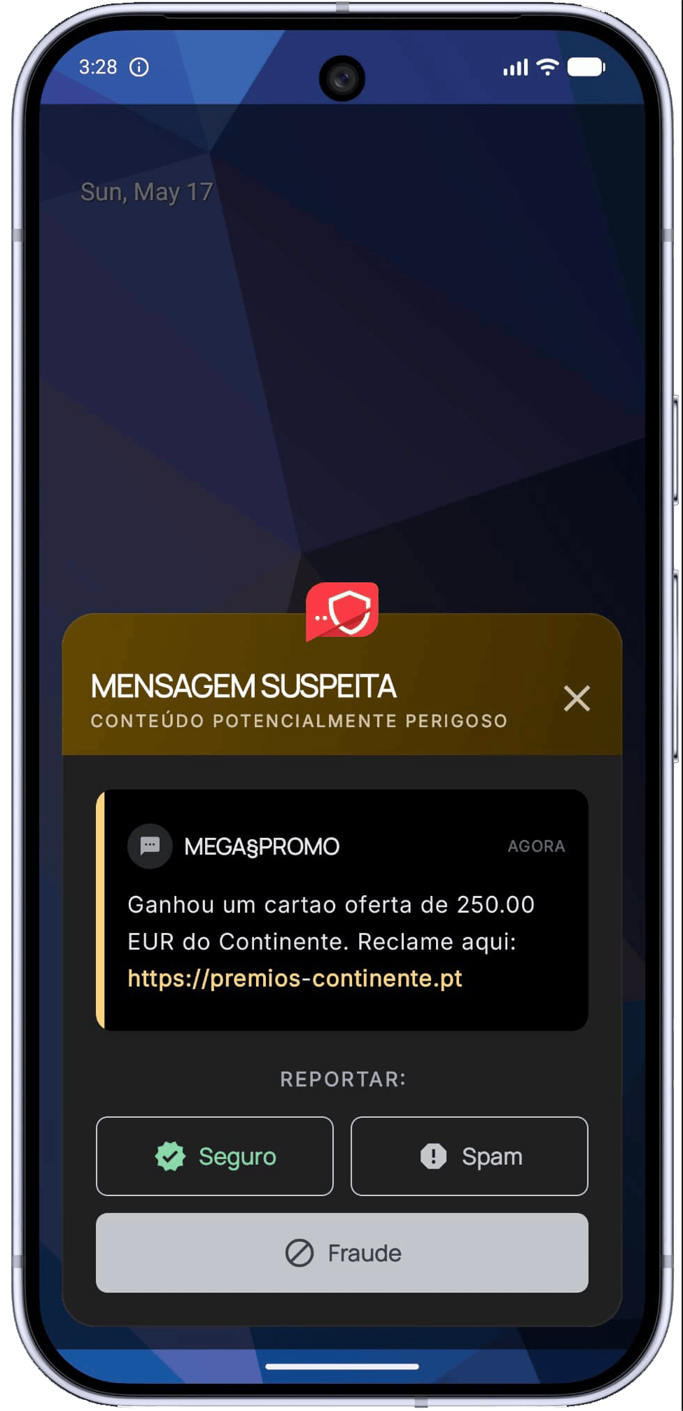 Alerta de mensagem suspeita da aplicação Anti-Fraude SMS