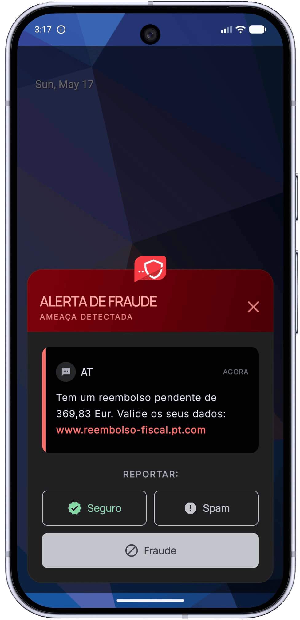 Alerta de fraude confirmada na aplicação Anti-Fraude SMS